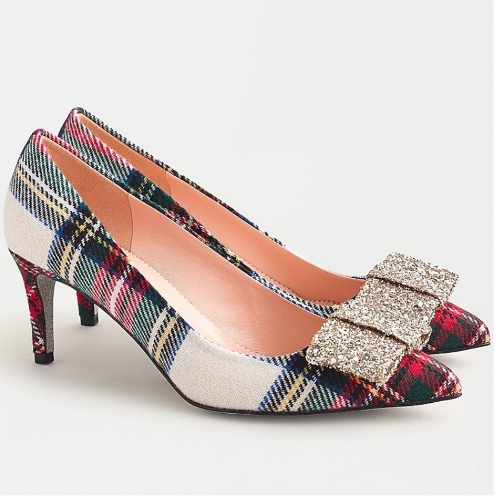 EUC J. Crew Colette Stewart Tartan Heels with Glitter Buckle
